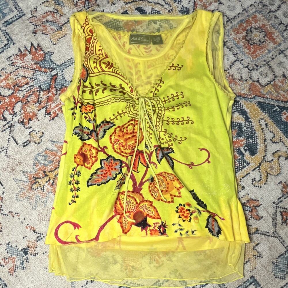 Vintage Y2K Ash & Sara Yellow Floral Sequin Mesh V-Neck Tie-Front Tank Top M